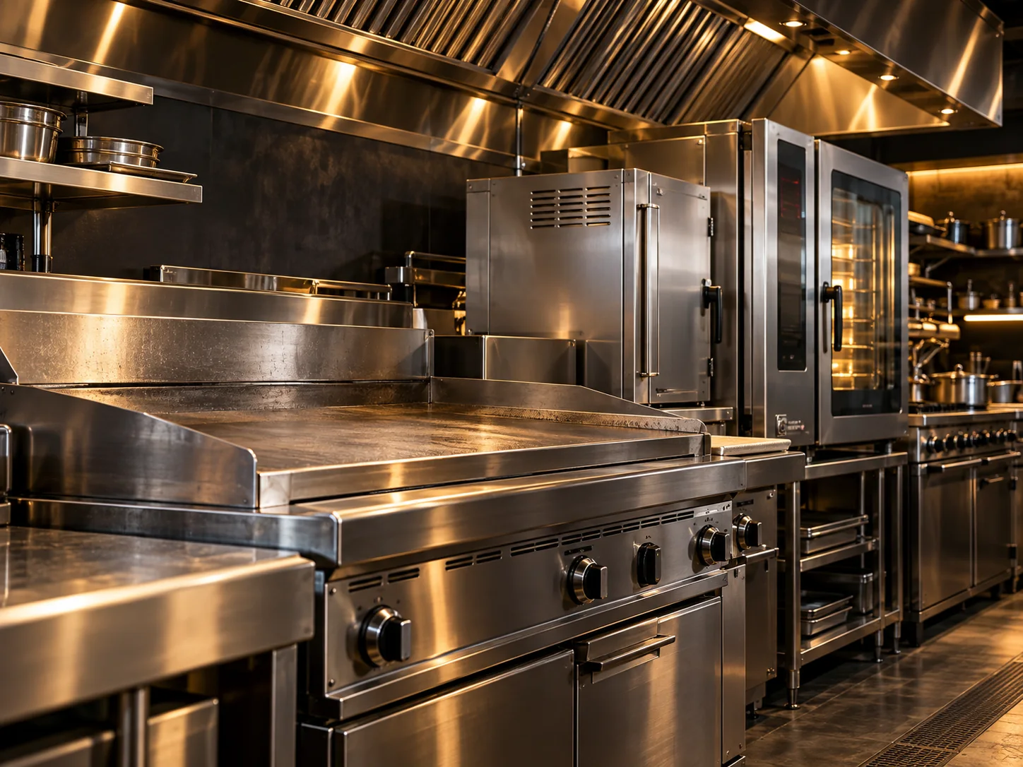 Illustrative commercial kitchen cooking line with stainless steel griddle, steamer, and ovens