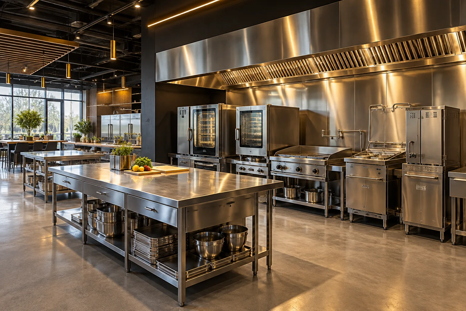 Concept illustration of a commercial demonstration kitchen with stainless steel equipment and preparation space